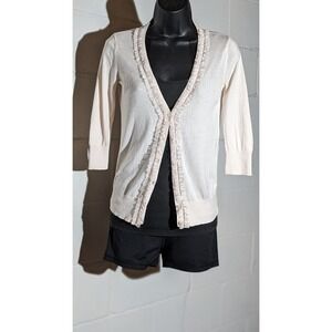 Merona Ruffle Trim Cardigan Sweater, 3/4 Sleeve Cotton Classic Knit Top Xsmall